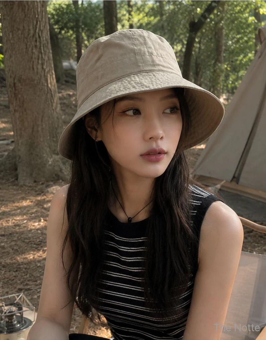 캠핑에서 패커블 버킷햇을 착용한 모습